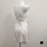 New Ice Silk Sling Pyjamas Women Summer With Chest Pad Lace Splicing Short Skirt Sexy Sleepy Pure Home