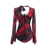 Hollow Tying With Low-Necked Bow Ribbon Dizzy Red Elastic Mesh T-Shirt Top