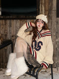 Brown V-neck Letter Print Oversize Sweater- Outfit