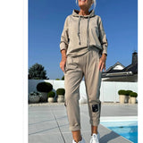 Autumn And Winter New Women's Pure Color Round Neck Long Sleeves With Splicing Trousers Set
