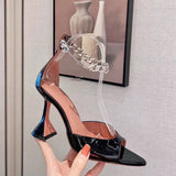 New European and American Peep Toe Chain Rhinestone Genuine Leather Pointed High Heels Sandals Summer