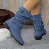 The Autumn And Winter Of 2025, The Belt Buckle Round Head Thick Bottom Mid-Sleet Boots Women Flat Bottom Low Heel