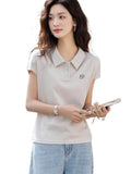 Style Temperament Fashion Age-Old Polo Collar Embroidered Short-Sleeved T-Shirt Women 2025 Summer New Simple Wind