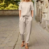 Women's Cotton Tample Summer With Suit Half-Sleeved O-Neck Oversized Hoodie E Broad Leg Pants Retro Two-Piece