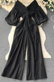 Women V-Neck Wide Leg Ruffle Jumpsuits Female Sexy Puff Short Sleeve High Waist Slim Vacation Beach Romper