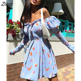 Sexy Off Shoulder Lace Up Women Dress Blue Long Sleeve Strapless Mini Dress Women Autumn Slim Fashion Streetwear