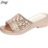 new women's slippers comfortable breathable wedge with thick bottom versatile mesh rhinestone slippers