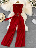 Vintage V-Neck Sleeveless High Waist Jumpsuits Women Elegant Loose Wide Leg Romper With Sashes Female Playsuits New