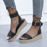 And Summer New Belt Buckle One-Word Slope Sandals Women's Flat Bottom Car Sewing Empty Dew Roman