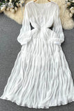 Autumn Women Draped Chiffin Dress Femael Vintage Round Neck Puff Long Sleeve High Waist A-Line Loose Pleated Robe