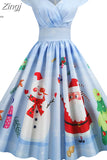 Santa Claus Print Vintage Women Elegant Christmas Party Dress Robe Femme 3XL Casual V Neck Winter Midi