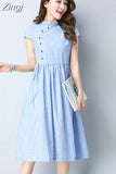 Vintage Cotton And Hemp Green Apricot blue Striped Short Sleeve Women Dress Summer Casual Loose Mid-Calf Lady Dress 4960