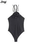 2023 Women Swimwear Flower Sexy Backless Body Woman Off Shoulder Halter Summer Woman Bodysuit Lingerie Tights