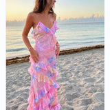 Women's New Slingless Sleeveless Dress V-Necked Lotus Side-Louned Long