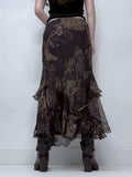 New Vintage Niche Retro Print Double-Layer Waveside Low-Rise Thin Half-Dress