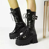 Autumn And Winter Women's Boots Black Patent Leather Boots Women's Belt Buckle Pine Cake Thick Bottom With Locomotive Boots Women's High