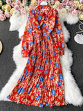 Autumn Bohemian Floral Pleated Long Dress Women Elegant Bow Collar Puff Sleeve Draped Chiffon Vestidos Female Party
