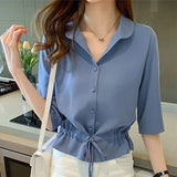 Women Solid Turn-down Collar Half Sleeve Chiffon Shirt Fashion Casual Shirring Single-breasted Blouses Female