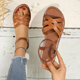 Round Head Flat Woven One-Word Buckle Sandals Women's Large Size Simple Beach Roman
