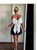 Spring And Summer Shoulder Black And White Bump Color Waist A Pendulum Design Bow Dress