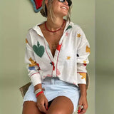 Long-Sleeved Shirt Print Fashion Cardigan Casual Top Collar