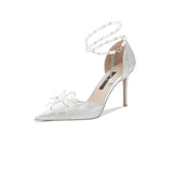 Shoes Women's Pearl Straps High-End Squint Crystal Shoes Silver French High Heels High Heels Do Not Tired Wedding