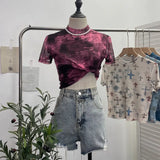 Shooting Retro Tie-Dye Double-Layer Mesh Half-High-Neck Short-Sleeved T-Shirt T-Shirt Short-Sleeved T-Shirted Woman