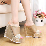 Net yarn High heels Women Wedges Sandals tongs slippers Platform Female Lace Increase mujer Shoes feminina