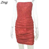 Strapless Skinny Shinny Club Dresses Women Sexy Backless Ruched Mini Party Vestidos Female Zip Sleeveless Dress