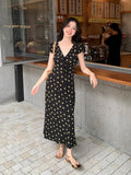 Xixi 2025 Summer New Korean Version Of High-Waisted Holiday Short-Sleeved Dress V-Neck Print Pure Desire Skirt