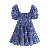 Women's Blue Print Short-Sleeved Dress