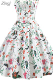 Women Summer Sleeveless Floral Print Midi Dress O Neck Retro Vintage Vestidos Robe Rockabilly