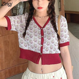 Women Floral Knitting V-neck Vintage All-match Short Female Clothing Thin Single Breasted Crop Sweater Elegant