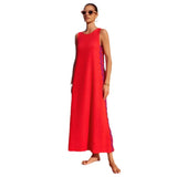 Zingj Spring And Summer Leisure Fashion Round Collar Vest Solid Color New Lace Splicing In The Long Dress