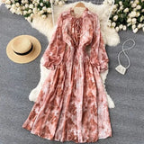Senior Sense Women's Elegant Print French Dress To The Waist Thin Bubble Sleeve Super Fairy Large Swing