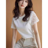 Short-Sleeved T-Shirt Women 2025 New Summer Explosion Design With A Unique And Beautiful Temperament Lace Splicing