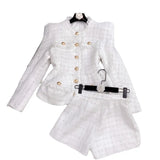 New Autumn And Winter Small Fragrant White Bright Silk Coarse Flowers Jacket Shorts Set Two