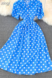 Women Polka Dot Midi Dress Vintage V-Neck Single Breasted Short Sleeve A-Line Vestidos Female Elegant New Fashion
