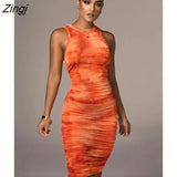 Tie-Dye Print Ruched Christmas Dress For Women Long Sleeve Sexy Bodycon Winter Dress Elastic Pleated Casual Party