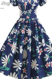 Women Vintage Floral Printed Summer Dress Puff Sleeve Elegant A-line Midi Party Dress Robe Chic Rockabilly Pinup