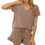 And Summer 2025 New Women's Pure Color V-Neck Shorts Irregular Shorts Sports Casual Home Two