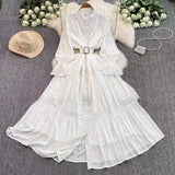 Elegant Dress Women Spring And Autumn French Retro Collar Lace Lace To Receive Waist Single Buckle Swoon