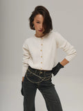 Gold Buckle Simple Knitted Cardigan 2025 Spring New Round-Neck Short Sweater