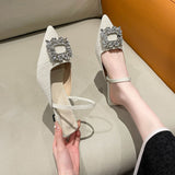 Side Buckle Water Drill Sandals Women Sandals Green Wild Fairy Fine Heel Low Heel French High-End Heel With Working