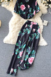 Women Floral Two Piece Set Office Ladies Printed Turn-Down Collar Single Breasted Tops + High Waist Wide Leg Pants Suit 2023