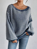 Temperament Collar Spring And Autumn Knitted Sweater Classic Stripe Bump Color Cover Casual