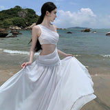 Zingj White Hollow Out Inclined Shoulder Sleeveless Dress Female Summer Senior Sense Seaside Vacation Temperament Show Thin Long