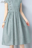 Vintage Cotton And Hemp Green Apricot blue Striped Short Sleeve Women Dress Summer Casual Loose Mid-Calf Lady Dress 4960