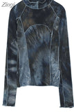 Spliced Streetwear Bodycon T Shirt Women Long Sleeve Stand Collar Gothic 2023 Spring Fashion Pullover Tees Tops
