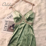 2022 Summer Women Green Satin Dress Vintage Beading Silk Sexy Slit Party Midi